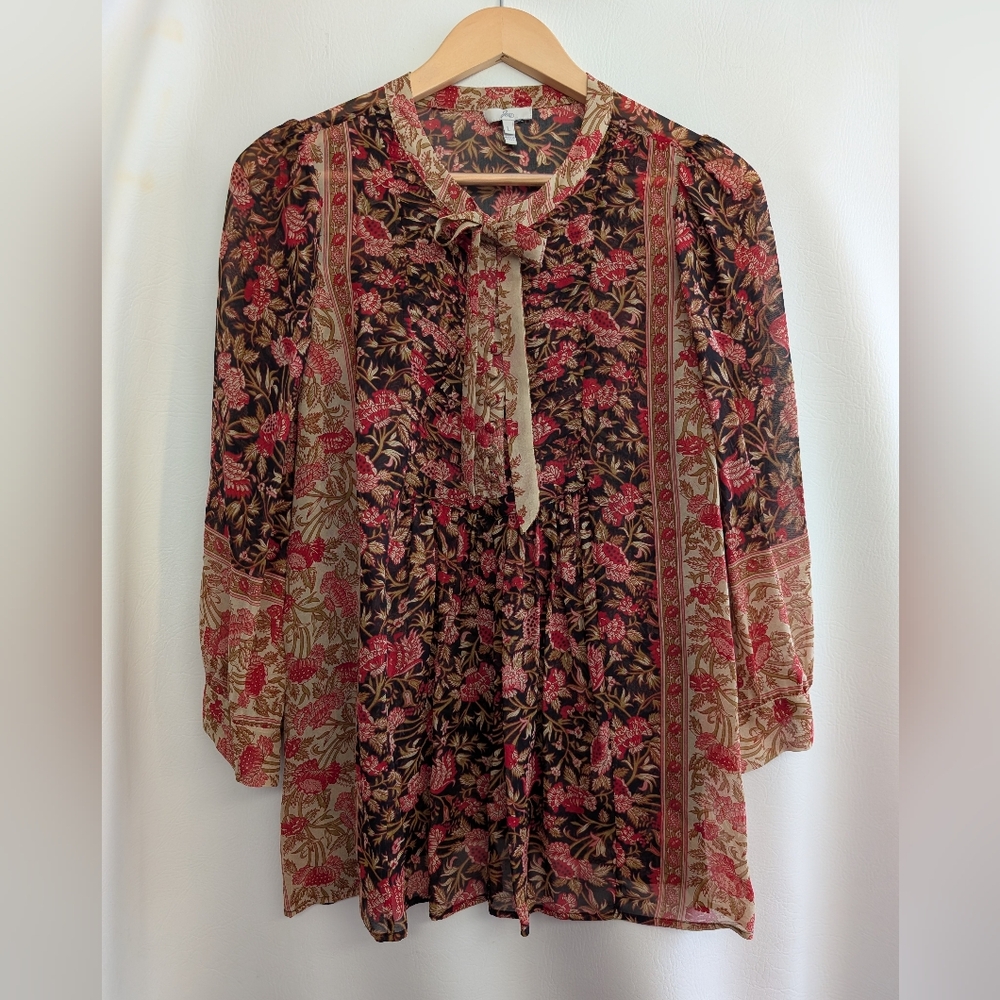 Joie Silk Sheer Floral Paisley Pink Brown Pullover Blouse Top - L